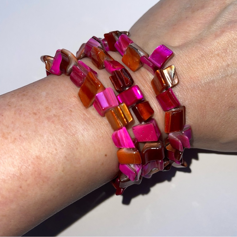 Shell Bracelets Hot Pink Orange Set of 3 Abalone Shell Beach Festival Coastal